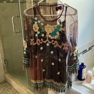 Johnny Was Embellished Sheer Blouse with 3/4 Sleeves